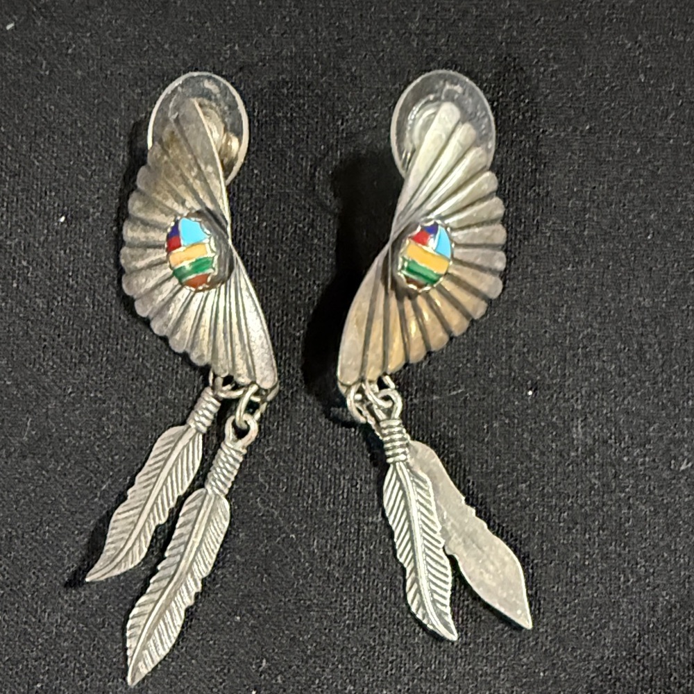 Silver Feather Dangle Earrings with Multicolor Inlay